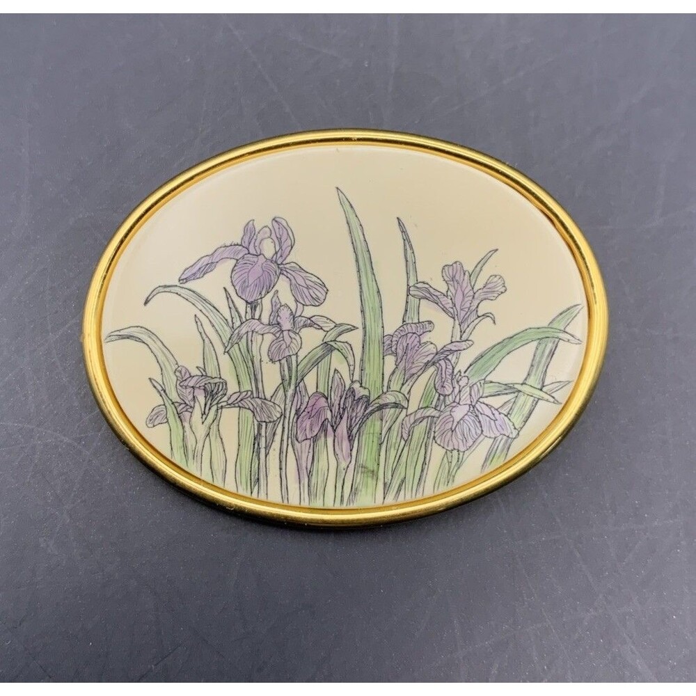 MFA Floral Brooch Pin Scrimshaw Style Purple Irises Flower Oval Vintage